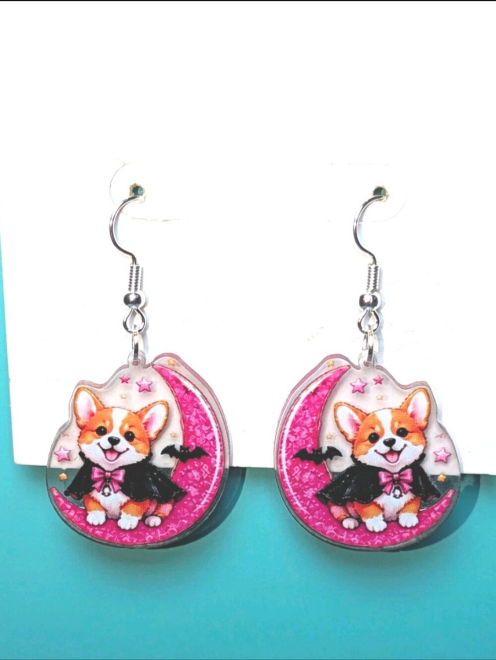 Hand Crafted Pink & Black Corgi Moon Dangle Earrings